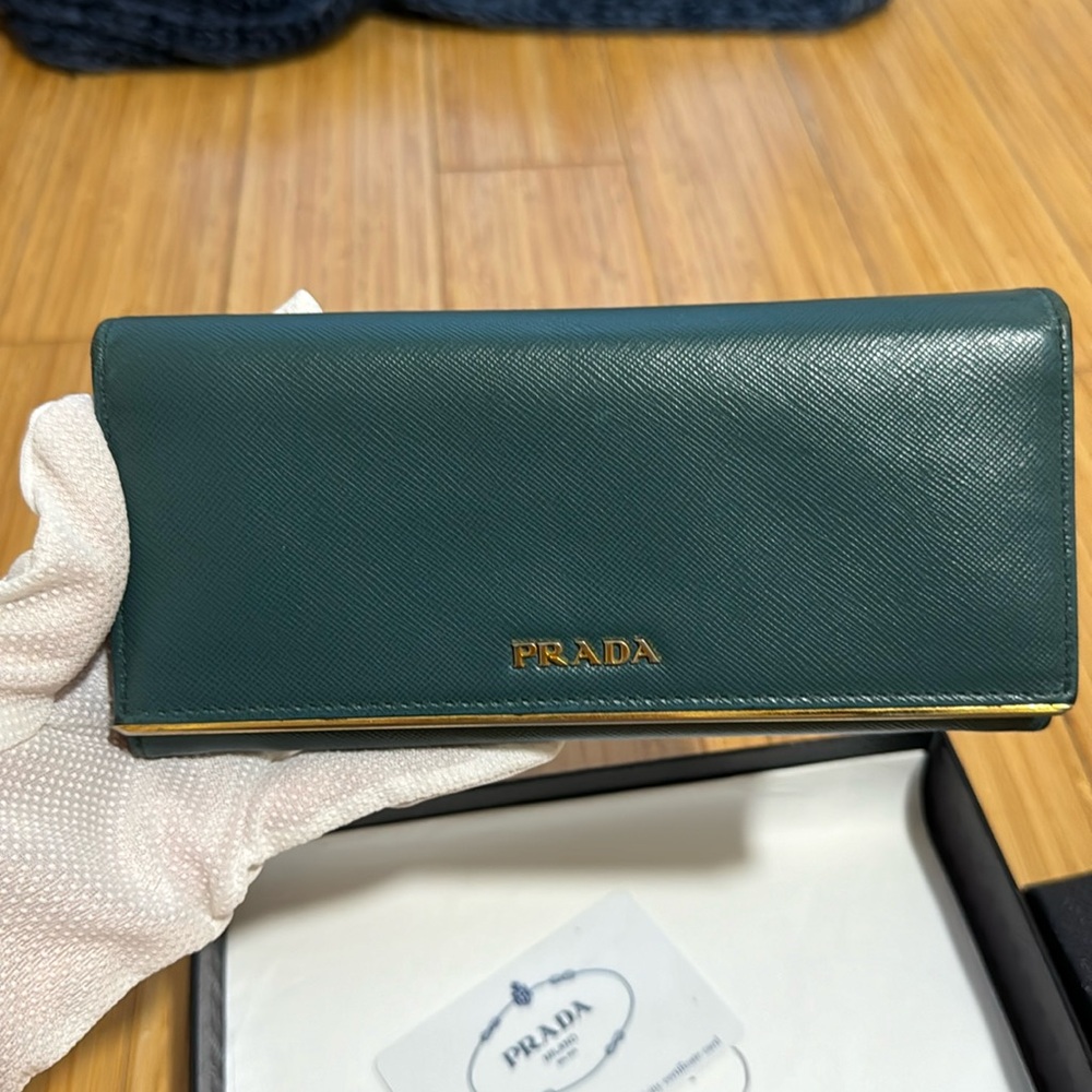 Prada Green Wallet Luxurious Gold Hardware
